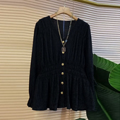 上衣2026春季 衬衫 新款 时尚 胖MM显瘦V领开衫 女装 收腰褶皱小衫 大码