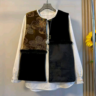 棉衣坎肩外套盘扣打底 胖妹妹轻薄款 国风拼接提花夹棉马甲大码 女装