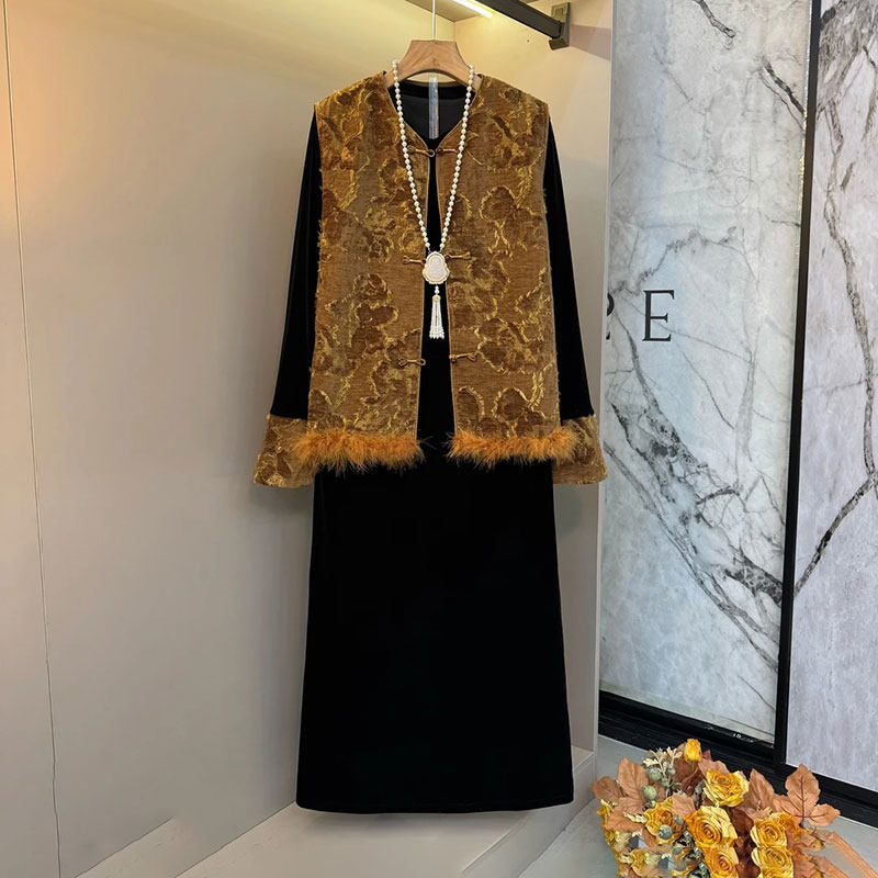 大码新中式毛边提花百搭设计内搭马甲连衣裙套装女装春季新款国风,女装/女士精品,大码套装,淘宝优惠券,粉丝福利购,淘宝优惠卷