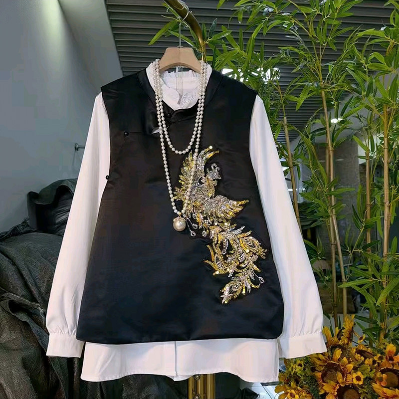 国风重工珠花马甲两件套宽松大码女装刺绣亮片马夹百搭打底衫套装,女装/女士精品,大码套装,淘宝优惠券,粉丝福利购,淘宝优惠卷