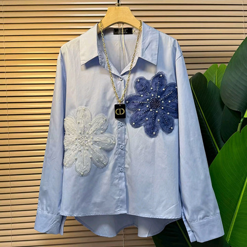 百搭大码女装钉珠花朵设计感上衣
