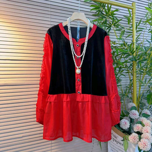 女装 大码 胖mm木耳花边假两件遮肉上衣女 设计感丝绒拼接雪纺衫 时尚