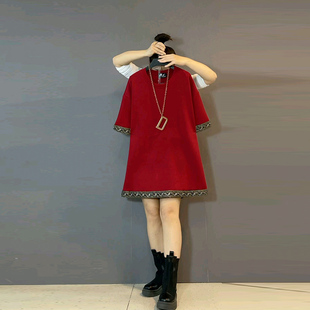 口刺绣钉珠洋气遮肉大衫 新款 民族风袖 女装 胖mm高级感简约上衣 大码