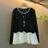 女装 春季 2026新款 胖mm大码 钉珠拼接丝绒亮片撞色显瘦时尚 百搭上衣