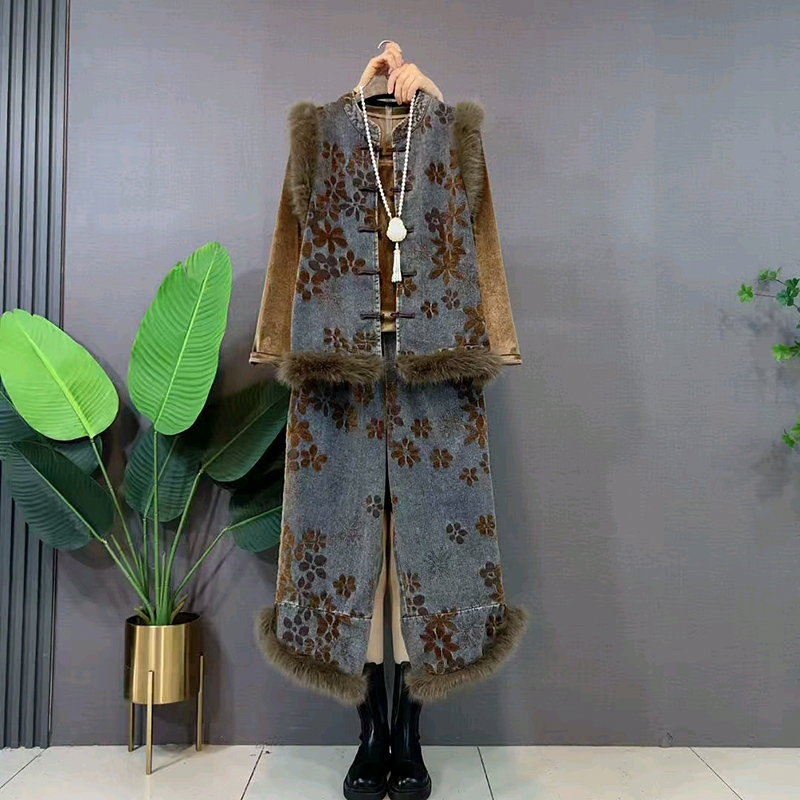 冬季大码女装复古提花马甲裤子