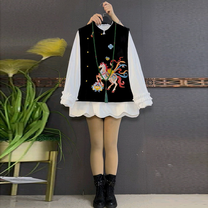 大码女装刺绣彩马马甲胖mm显瘦花边袖打底衫2026春季新款国风马夹,女装/女士精品,常规大码外套,淘宝优惠券,粉丝福利购,淘宝优惠卷