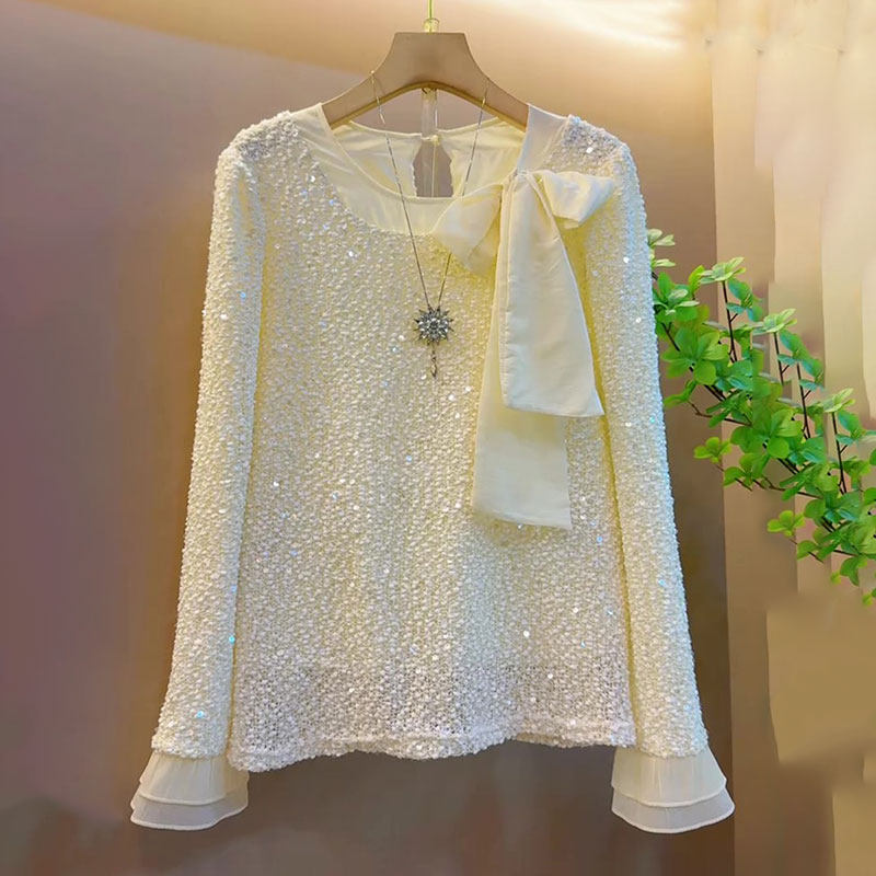 重工亮片系带蝴蝶结小衫气质上衣