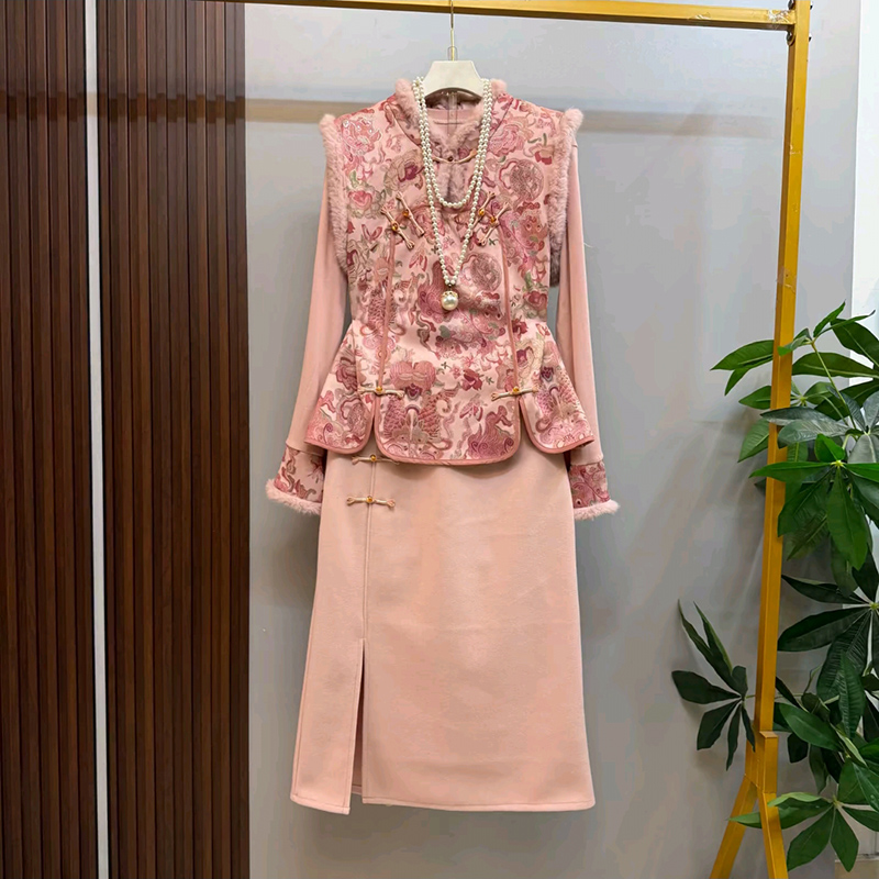 大码开叉半身裙盘扣马甲拼接打底