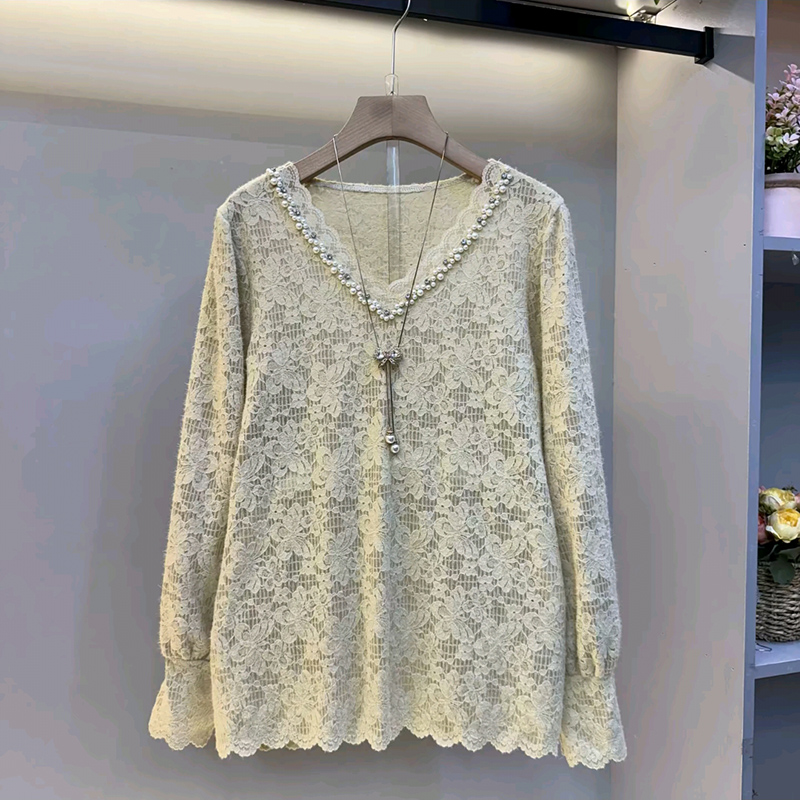 爆款秋季欧货V领钉珠水绒蕾丝衫