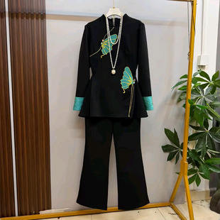胖妹妹新国潮重工刺绣蝴蝶拼袖 女装 上衣裤 大码 子气质优雅套装 新款