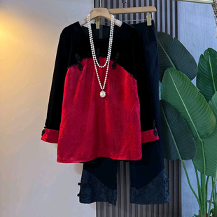 长裤 国风盘扣拼色上衣2025新款 拼接新中式 胖妹妹爆款 镶钻复古大衫