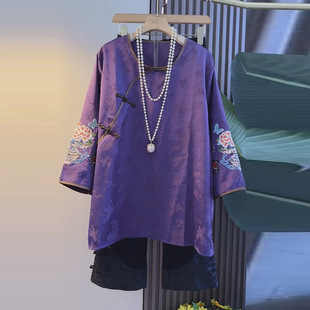 新中式 国风复古提花盘扣刺绣大衫 女装 子胖妹妹大码 气质上衣 拼接裤