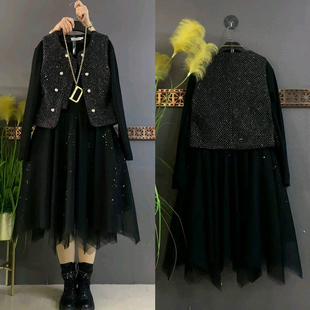 显瘦亮闪小香风马甲胖mm网纱菠萝连衣裙洋气两件套装 时尚 女装 大码