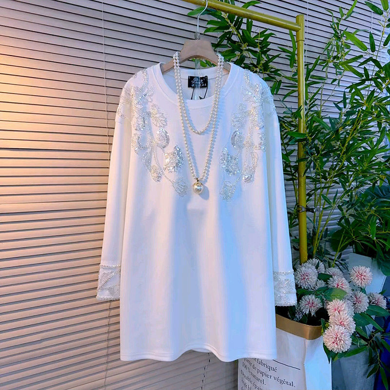 春季新款胖妹妹中长款重工亮片花朵钉珠长袖T恤大码女装宽松上衣,女装/女士精品,大码内搭,淘宝优惠券,粉丝福利购,淘宝优惠卷