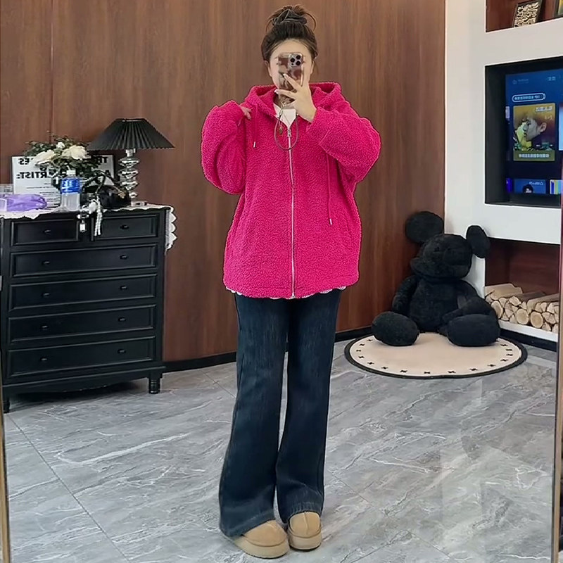 冬季大码女装加厚毛绒连帽外套