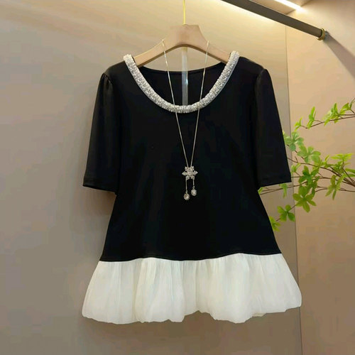 圆领钉珠大码女装短袖假两件小衫