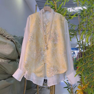 轻奢钉珠花马甲气质百搭打底小衫 女装 春季 胖妹妹大码 潮 新款 新中式