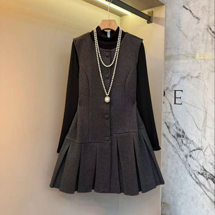 大码 高腰百褶打底衫 女装 单排扣砍袖 连衣裙两件套 秋季 简约通勤时尚