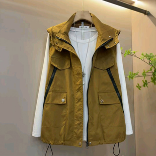 打底衫 工装 多口袋马夹胖mm显瘦百搭长袖 新款 潮 风连帽马甲2026春季