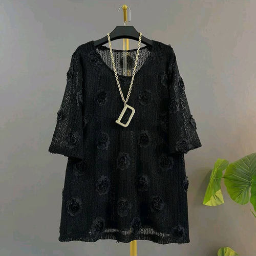 气质V领法式立体花微透女人衫女