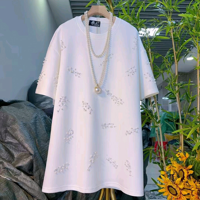 钉珠花朵大码女装圆领短袖T恤衫