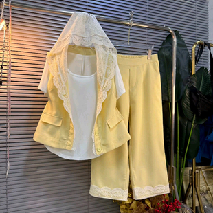 女装 时尚 蕾丝连帽无袖 胖妹妹2025夏季 休闲套装 大码 马甲直筒裤 新款