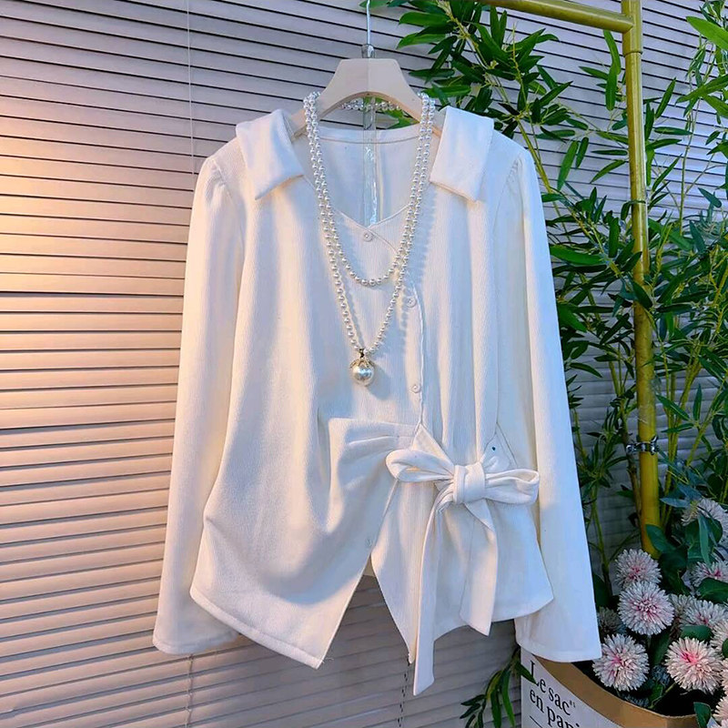 时尚设计感翻领系带蝴蝶结上衣新