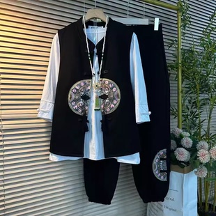 新款 2024春夏季 新中式 国潮风刺绣马甲裤 大码 子打底三件套装 女装