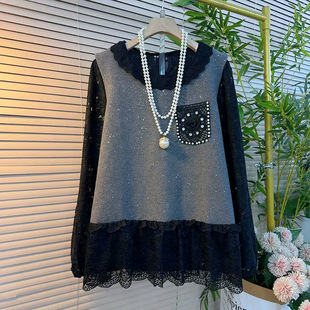 衫 女装 套装 胖妹妹大码 潮 新款 设计感花朵钉珠亮晶晶马甲搭蕾丝长袖