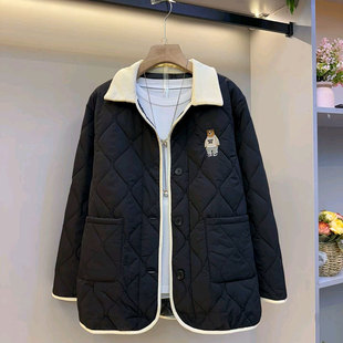 新款 欧货韩版 外套遮肉夹棉冬季 女装 胖妹妹潮 翻领刺绣小熊棉服大码