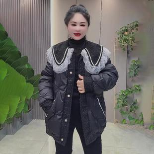 女装 加大码 娃娃领棉服微胖mm保暖加厚外套 新款 小香风棉袄冬季