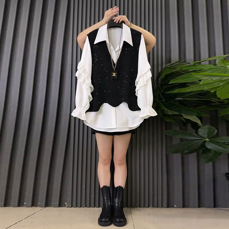 木耳边衬衫细闪马甲两件套