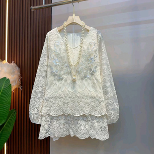 层次感女人衫 刺绣V领长款 女装 减龄大码 胖MM显瘦亮片提花上衣 大衫