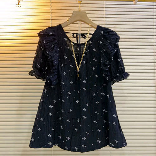 大码韩版夏季碎花上衣小衫遮肉潮