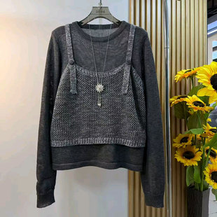 时尚 假两件长袖 针织衫 2026春季 女装 欧货韩版 大码 胖mm洋气上衣 新款