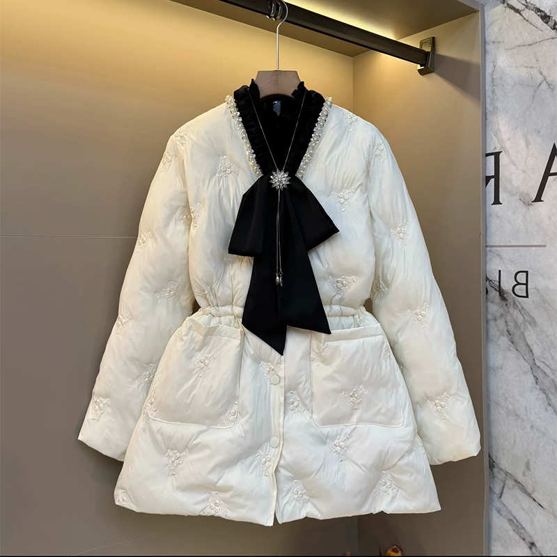 蝴蝶结刺绣收腰棉服外套