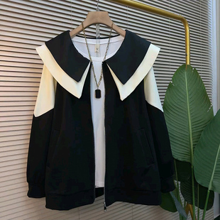 欧货大码 拼接娃娃领百搭休闲外套胖妹妹显瘦撞色拉链洋气上衣 女装