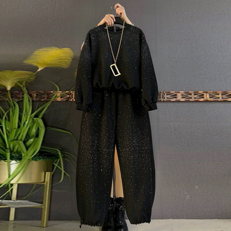 胖mm显瘦大码女装烫钻上衣裤子两件套2026春季新款卫衣卫裤套装潮,女装/女士精品,大码套装,淘宝优惠券,粉丝福利购,淘宝优惠卷