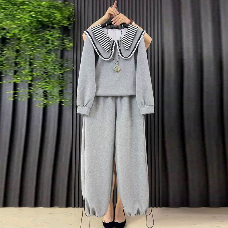 2026春季新款胖mm大码女装韩版时尚减龄娃娃领卫衣抽脚休闲裤套装,女装/女士精品,大码套装,淘宝优惠券,粉丝福利购,淘宝优惠卷