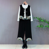 女装 大码 新中式 刺绣国风盘扣马甲裤 三件套 胖妹妹春季 子打底衫 新款