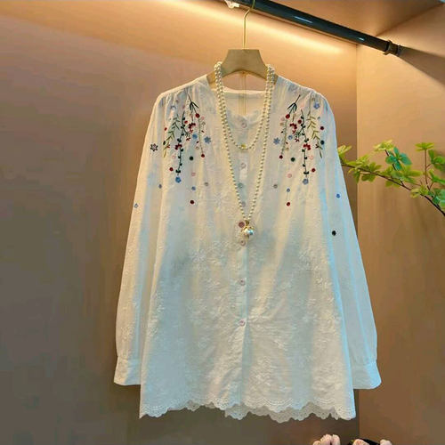 新款清新刺绣长袖宽松百搭衬衫女