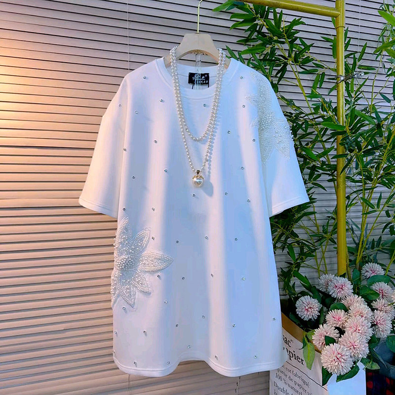 2026春季新款胖妹妹重工钉钻立体花朵短袖T恤大码女装慵懒风上衣,女装/女士精品,大码内搭,淘宝优惠券,粉丝福利购,淘宝优惠卷