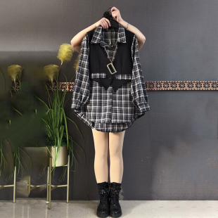 女装 显瘦遮肉假两件拼接格子洋气女衫 春季 时尚 2026新款 胖妹妹大码