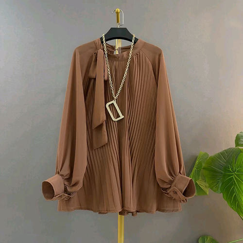 新款欧货微透雪纺褶皱长袖小衫女