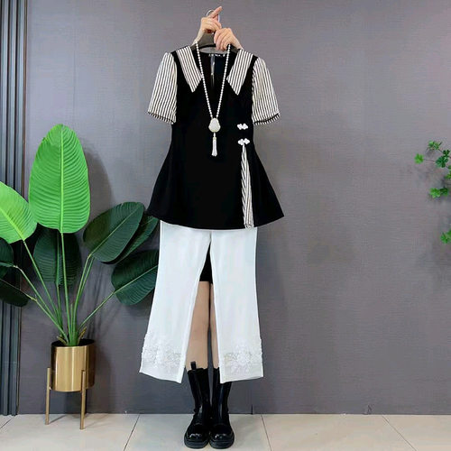 撞色拼接短袖衬衫刺绣裤子