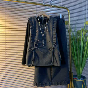 新款 时尚 高级感套装 女装 木耳边毛呢马甲三件套 大码 胖妹妹2025秋季