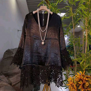 女装 2026春季 大码 欧货气质醋酸拼接蕾丝大衫 胖mm宽松遮肉上衣 新款