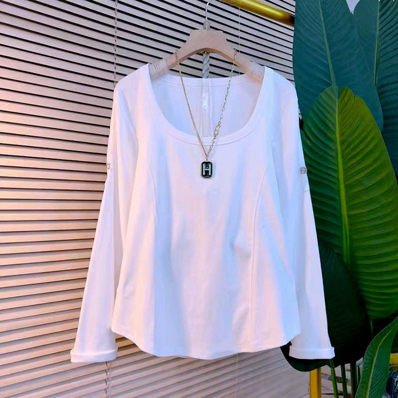 简约方领亮钻字母长袖打底衫新款胖妹妹百搭显瘦T恤上衣大码女装,女装/女士精品,大码内搭,淘宝优惠券,粉丝福利购,淘宝优惠卷