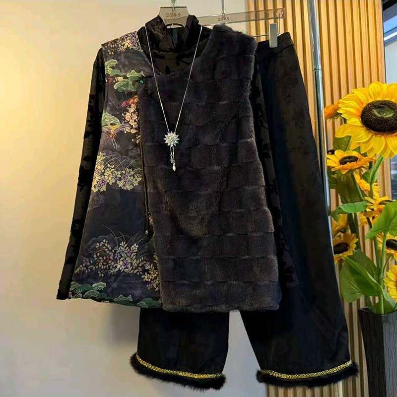 新中式国风提花夹棉马甲打底衫新