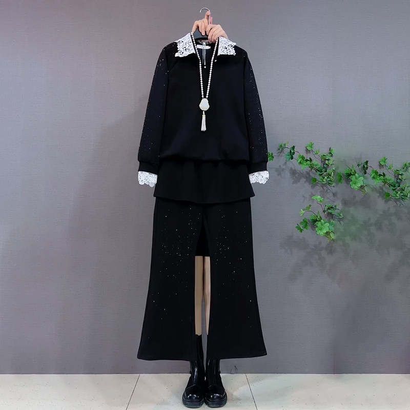 胖妹妹2026春季新款大码女装高级蕾丝翻领卫衣喇叭裤重工烫钻套装,女装/女士精品,大码套装,淘宝优惠券,粉丝福利购,淘宝优惠卷